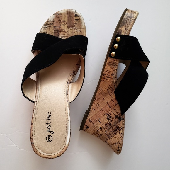 Just Be Black Wedge Sandals Size 9 Faux Cork Heels - Picture 2 of 4